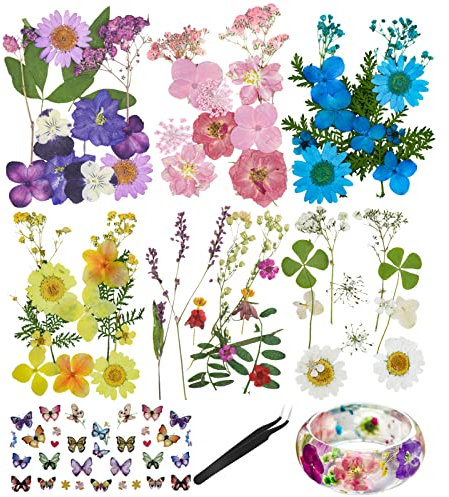 Dreamtop Gepresste Trockenblumen Natürliche Echte Gepresste Geprägte Blumen und Blätter Mini Schmetterling Aufkleber mit Pinzette für Kunst DIY Harz Scrapbooking Handwerk Karten Machen