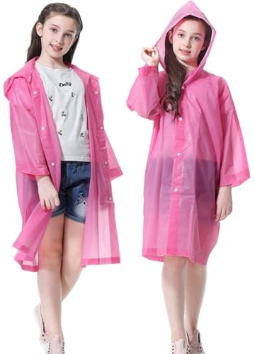 Kids Rain Poncho (2 Pack), Reusable EVA Children Raincoat for 6-13 Girls Boys, Waterproof Long Rain Jackets with Hood (2 Pink)