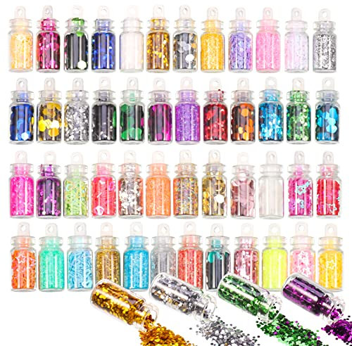 metagio 48 Couleurs Poudres de Paillettes, Poudre Brillante pour Cheveux, le Visage, les Ongles Holographique Paillette pour Maquillage Cartes Ongles Art Fête DIY Festival Musique Travaux Manuels