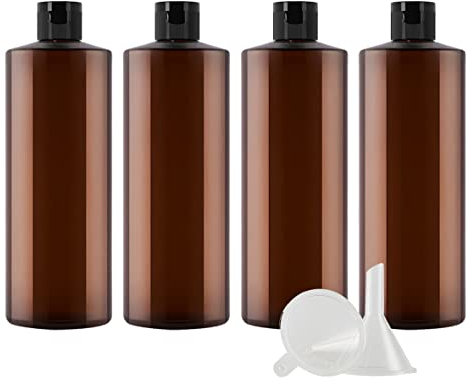 ZEOABSY 4 Pièces 500 ML Marron Bouteille en Plastique avec Bouchon à Charnière Noir, Épaule Plate Vider Bouteille Ronde en PET de Voyage pour Cosmétiques Liquides