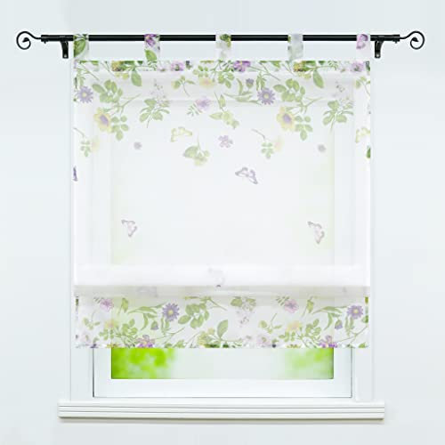Joyswahl Viole Raffrollo mit Blumen-Schmetterlingdruck fabenfrohe halbtransparent Bändchenrollo mit Schlaufen 1er,BxH 80x140cm