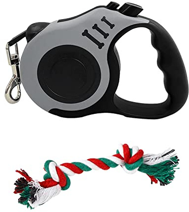 1 Guinzaglio retrattile per cani con 1 Guinzaglio giocattolo per cani, corda in nylon da 5 m con impugnatura antiscivolo, freno a mano singola (grigio)