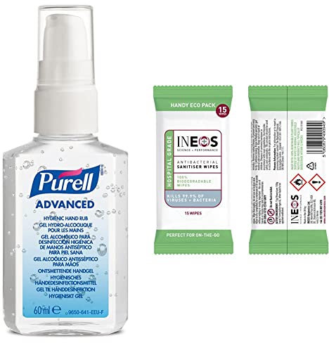 PURELL ADVANCED HAND SANITISER GEL 60mL, Portable Pump Bottle. Hand Sanitizer Gel & INEOS Antibacterial Biodegradable Sanitiser Wipes for Hands (15 Wipes)