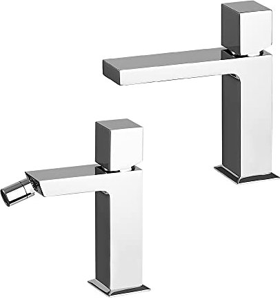 Inbagno Set miscelatori lavabo e Bidet Quadrati monocomando, Cromato Lucido in Ottone, con Leva di Comando a cubo, Serie Torre