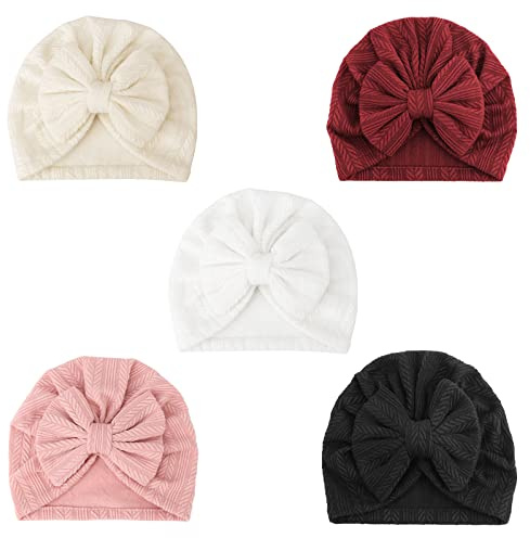 DRESHOW 5 Paket Turban Baby Mössa Med Knut för Spädbarn - Mjuk Söt Småbarns Huvudbonad