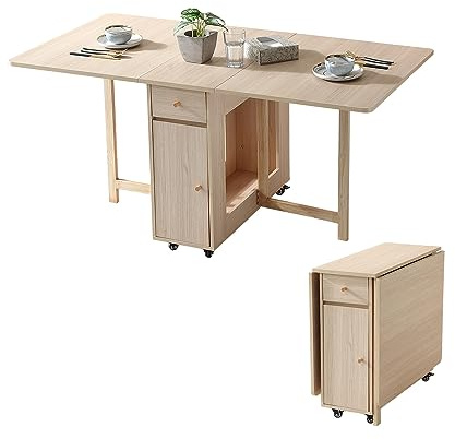 COMUHOME Extendable Drop Leaf Folding Dining Table with 2 Drawers and 4 Wheels for Living Room Kitchen Farmhouse Space Saving Table in Wood Color