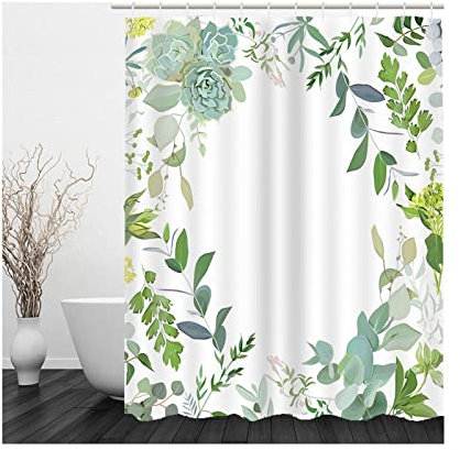 Whoiy Duschvorhang Textil Gräser, Duschvorhang Eckbadewanne 150X180cm Polyester Badegardinen Blumen Gras Weiß Grau für Badezimmer