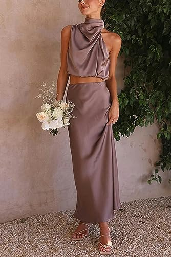 ARESU Set Gonna Senza Maniche in Raso con Scollo all'Americana Set di Alta qualità Celebrità Bolero Gonna a Trapezio Set da Due Pezzi da Donna-Viola-XL