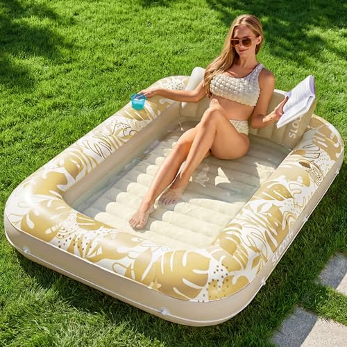SLOOSH Uppblåsbar tanningspool, 180 x 100 cm (70 x 46 tum) stor uppblåsbar luftmadrass för vuxna med kudde, 4-i-1-solstol, uppblåsbar badsäng, festgåva, L-guld, vit