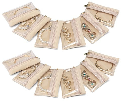 Vlando Lot de 12 pochettes à bijoux de voyage - En velours transparent - Avec fermeture éclair - En organza - Pour femmes et filles - Cadeau