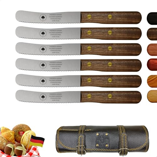 Solingen Messer 6er Set mit Wellenschliff inkl. hochwertiger Ledertasche, edler Walnuss Holzgriff, Premium Buckelmesser, Frühstücksmesser, Brötchenmesser, rostfrei, extra scharfes Küchenmesser