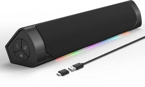 ADELGO Altavoz para PC, Altavoz Bluetooth para Juegos con iluminación RGB, Barra de Sonido USB, estéreo, Ordenador, Ordenador portátil, Smartphone, Alimentado por USB