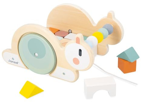 Janod - Sweet Cocoon Schneckenwagen mit Klötzen Kleinkindspielzeug - Handgeschicklichkeit und Vorstellungskraft - Nachziehspielzeug + 16 Bauklötze - Spielzeug aus FSC-Holz - Ab 18 Monaten, J04054