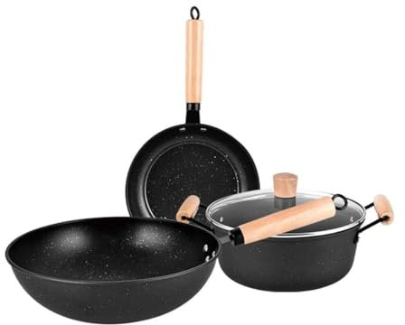 RUVOO Batteria di Pentole, 3 Pz Set di Pentole Wok Padella Pentole con Coperchio Pentole Padelle Set Maifan Pietra Antiaderente Padella per Uova Strumenti di Cottura Utensili Cucina Set Pentole