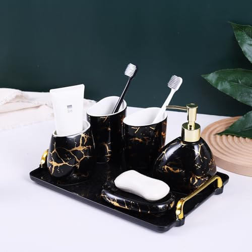 XYQXYQ Schwarzes Badezimmerzubehör-Set, Gold Marmor Optik Badezimmer Dekor, Modernes 6-teiliges Badezimmerzubehör-Set, Komplett mit Seifenspender, Zahnbürstenhalter, Becher, Ablageplatte