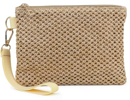 AdiStylinno Bolso de embrague de paja para mujer, bolso de paja bohemia, bolso de mano pequeño bolso de mano tejido con cremallera bolsa de playa de paja de verano para mujeres, crema