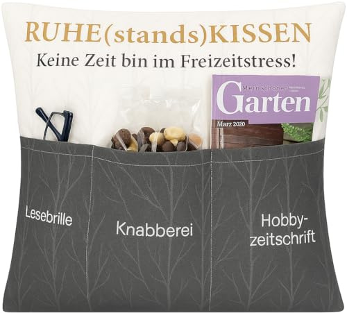 KAMACA Ruhestand Kissen 43x43 cm mit 3 Taschen Dekokissen mit Füllung Geschenkidee zur Rente für Männer Frauen Kuschelkissen für Sofa Garten Abschiedsgeschenk Renteneintritt (Ruhestandskissen A)