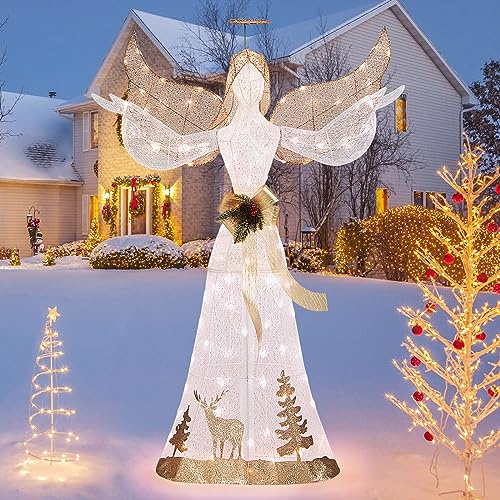 GYMAX Pre-Lit Christmas Angel Decoration, All-Weather Lighted Xmas Decoration with 100/250 LED Lights, Indoor Outdoor 3D Festival Decor (5FT, with 100 Lights)