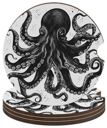 Auto-Untersetzer für Getränke, 4 Stück, klassisch, schwarz, Oktopus, Auto-Becherhalter, Untersetzer, rutschfest, Korkboden für Damen, Herren, 6,6 cm