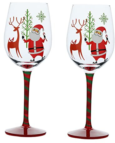 OKUMEYR Weihnachtsweingläser Glas Lebensmittelecht Bemalt Weihnachtsmann Elch Party Weinkelche Stiel Weingläser Weihnachtsdekor