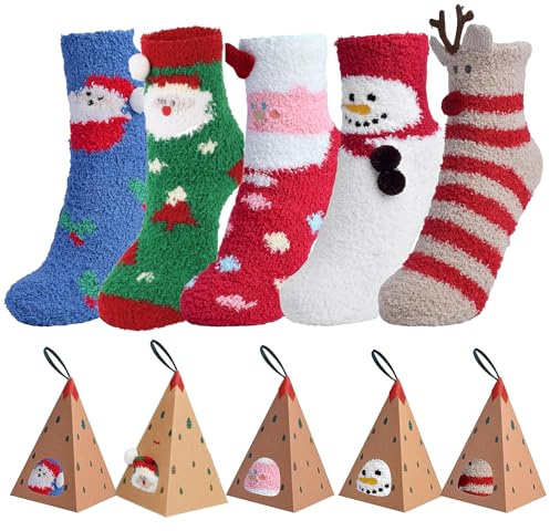 Calze Natalizie 5 Paia Donna - Calzini da Babbo Natale Invernali a Pantofola Con Animal Pattern Cartoon