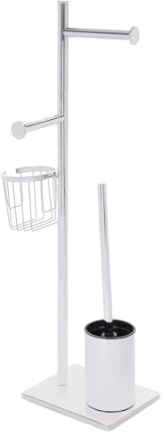 Porte-papier toilette en acier inoxydable - Avec brosse WC - Chromé - Avec porte-brosse WC et panier de rangement - 20 x 16 x 68,5 cm - Argenté