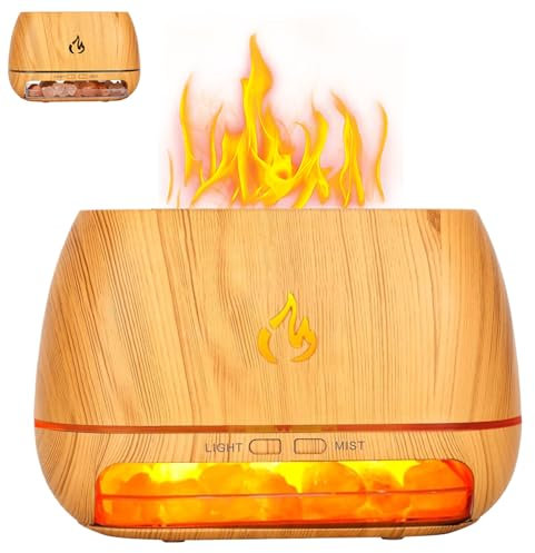 Himalayan Salt Lamp Diffuser 3 in 1 200ML Ultrasonic Essential Oil Diffuser Simulation Flame Humidifier Colorful Light Mist Diffuser Wood Grain Aroma Diffuser, Himalayan Salt Lamp Diffuser