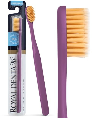 Royal Denta Manual Toothbrush, Medium Hard Firm Bristles for Adults, Dual Length Gold Infused Plaque Removing Tooth Brush, Soft on Gums & Teeth, Made in Korea (Purple)