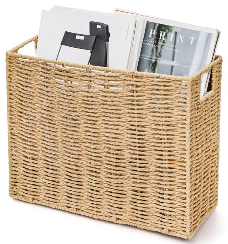 Nagpew Woven Magazine Holder, 15'' x 6'' x 11'' Book Basket with Built-in Handles, Narrow File Storage Newspaper Organizer for Living Room, Bedroom, Office, Bathroom