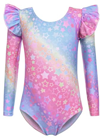 Arshiner Mädchen Gymnastikanzug Flatterärmel Einfarbig/Gedruckt Turnanzug Kinder Langarm Ballettanzug Ballett Trikot Gymnastik Trikot Ballett Tanzender Leotard Gymnastik Outfit für Mädchen 2-10 Jahre