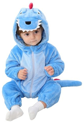 LOLANTA Baby dinosaurie kostym, långärmad plysch sparkdräkt med huva, Blå, 3-4 år