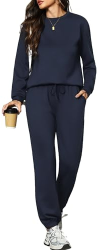 Aottori Tuta Sportiva Donna Completa Due Pezzi Casual Tuta da Ginnastica Elegante Felpa Manica Lunga e Pantaloni con Tasche e Coulisse Pigiama Set per Casa Fitness Blu Scuro XL