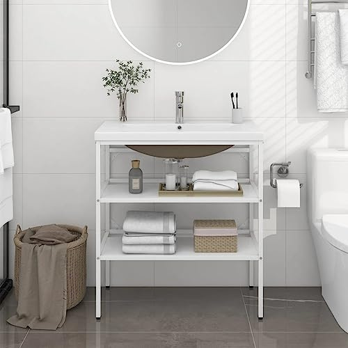 Qnhdfrt Struttura per lavabo con lavabo da incasso, colore bianco, ferro e ceramica, design moderno, stabile e durevole, per bagno, compatto, 79 x 38 x 83 cm