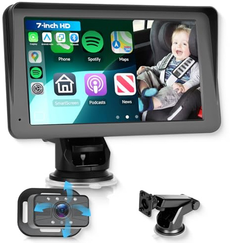 Hodozzy Cámara Coche Bebé con Carplay Inalámbrico Android Auto, Pantalla Táctil de 7 Pulgadas Cámara Bebé Asiento con Bluetooth Visión Nocturna Super Link, 360° Monitores de Be-bé compatible AUX/FM/TF