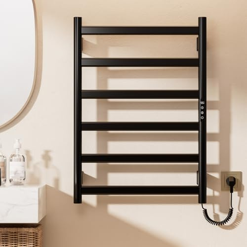Scaldasalviette Elettrico Bagno, 175W Scaldasalviette per Asciugamani, Portasciugamani Temperatura Regolabile 30-70°C, Schermo tattile LED e Function Timer 1-9H, IP47, 50x70 cm, Nero