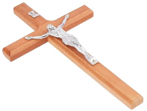 ChainYao 7.95 Inch Platinum Finish Wood Cross Wall Hanging with Alloy Christ Figure. Catholic Crucifix for Church, Home, and Wall Decor.