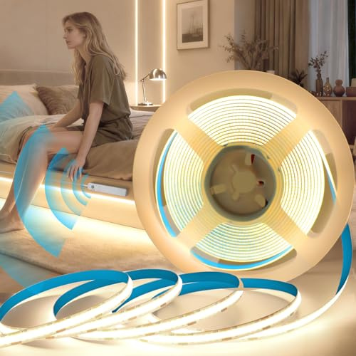 KSIBNW COB LED Streifen mit Bewegungsmelder, 5M LED Streifen Batteriebetrieben, Bewegungssensor Strip Automatisches Ein-/Ausschalten Dimmbar Lichtband für Schlafzimmer Flure, 4000K Neutralweiß