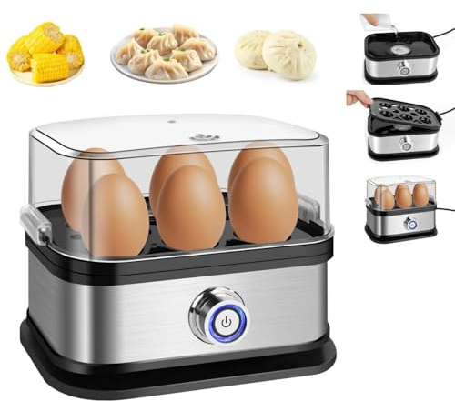 6-Egg Cooker Compact Electric Easy Egg Boiler Boiling Poaching Breakfast Maker 350W with Automatic Shut-Off Removable Tray with Water Cup&Cable Storage Slot Space Saving Egg Boiler