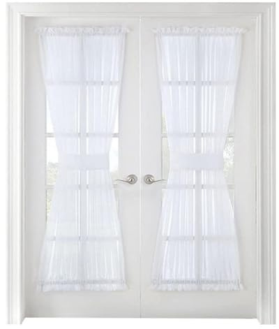 Maritown French Door Curtains 2 Panels Semi Sheer Rod Pocket Net Voile Curtain with Tiebacks Blinds for Front Doors Patio Door Window Cover (White, 64W x 183H cm)