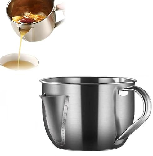 Fat Separator Stainless Steel Gravy Fat Separator Jug 1L Stainless Steel Oil Container with Lid and Handle Kitchen Gravy Separators Strainer Bowl Multipurpose Bacon Grease Container for Kitchen Supply