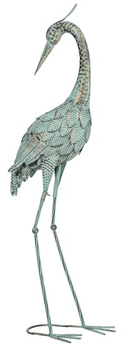 Outsunny Reiher-Gartenstatue, Metall-Vogel Outdoor-Statue, 88 cm stehende Skulptur mit Bodenankern für Terrasse, Teich, Landschaftsdekoration, Grün+Bronze