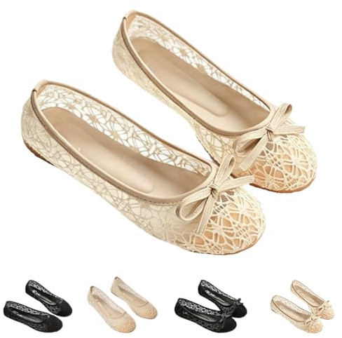 Eleganta ballerinaskor för damer med rosett, runt tåparti, tofflor, spetsbroderi, ballerinaskor, nättyg, virkade, platt, bekväma, ventilerande, bröllopsskor för brud, Beige rosett, 37.5 EU