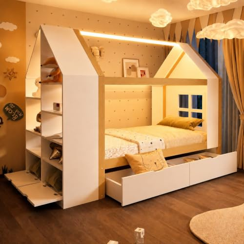 Yrxin Cama infantil de 90 x 200 cm, cama con cama nido, diseño en forma de casa, cama multifunción con dos cajones, puertos de carga USB y tipo C, LED y estantes (blanco+madera cruda colores-A, 90 x