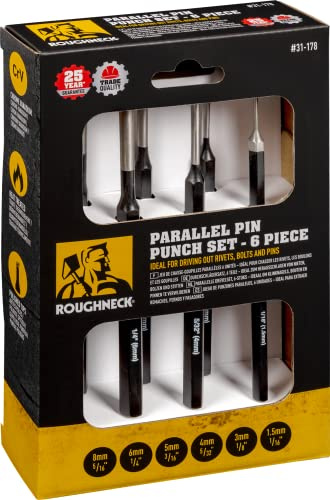 Roughneck ROU31178 krom vanadin parallell pin stans set 6 delar 1,5, 3, 4, 5, 6, 8mm/1/16, 1/8, 5/32, 3/16, 1/4, 5/16 tum