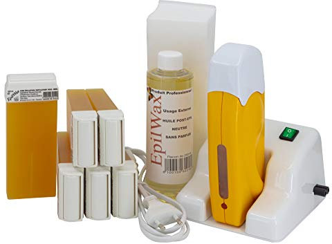 EpilWax Wachswärmer Waxing Set für Enthaarung Haarentfernung mit Aufsteller – Mit 6 Honig Roll On Wachspatronen, Waxing Gerät, 100 Vliesstreifen und Nachbehandlungsöl