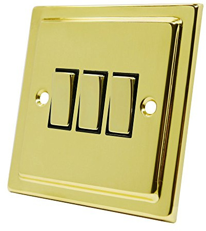 Victorian Polished Brass 3 Gang Switch Black Insert Metal Rocker Switch - 10 Amp Triple 3-Gang 2 Way Light Switch