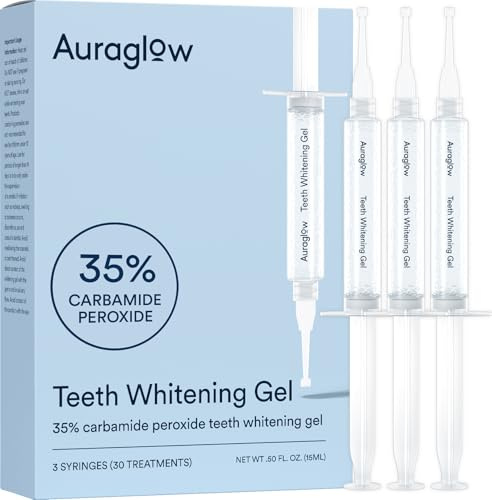 Auraglow 35% Teeth Whitening Gel for Trays, Retainers & Aligners – Dentist Strength Carbamide Peroxide Whitener, 30 Treatments, 3 Syringes (5mL)