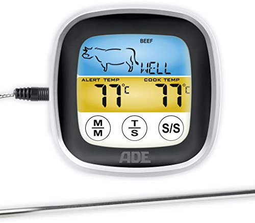 ADE Bratenthermometer BBQ 1600. Digitales Grill-Thermometer mit LCD Touch-Display, Messgabel aus Edelstahl. Elektronisches Ofenthermometer für den perfekten Garpunkt. Inkl. Batterien. Schwarz silber