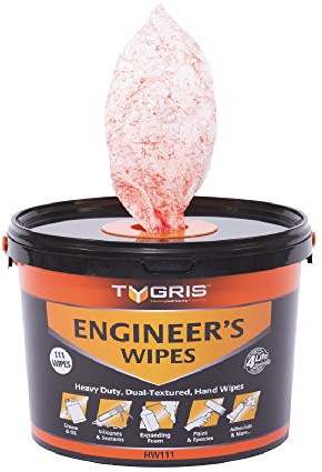 Tygris HW111 Heavy Duty Engineer’s Wipes – 111 Large Industrial Cleaning Wipes, Dual-Texture Abrasive + Soft for Grease, Oil, Adhesives & Tough Dirt – Hand & Surface Cleaner, Aloe-Infused (111 Pack)