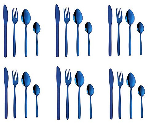 BuyGo Blaues Besteck-Set, 24-teilig, Edelstahl, Campingbesteck für 6 Personen, handpoliert, spülmaschinenfest